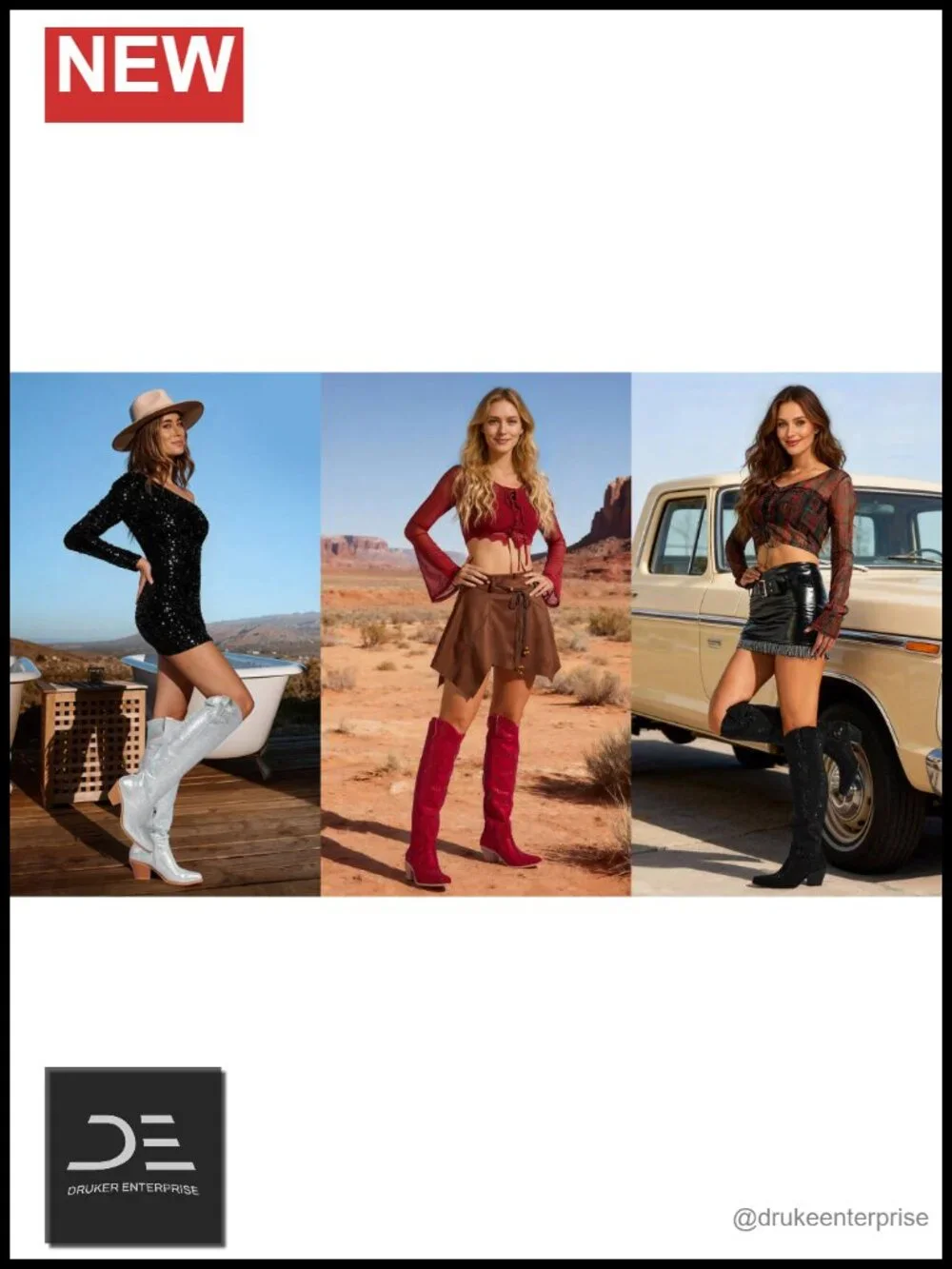 Rhinestone Over the Knee Cowgirl Boots with Block Heel, Side Zipper